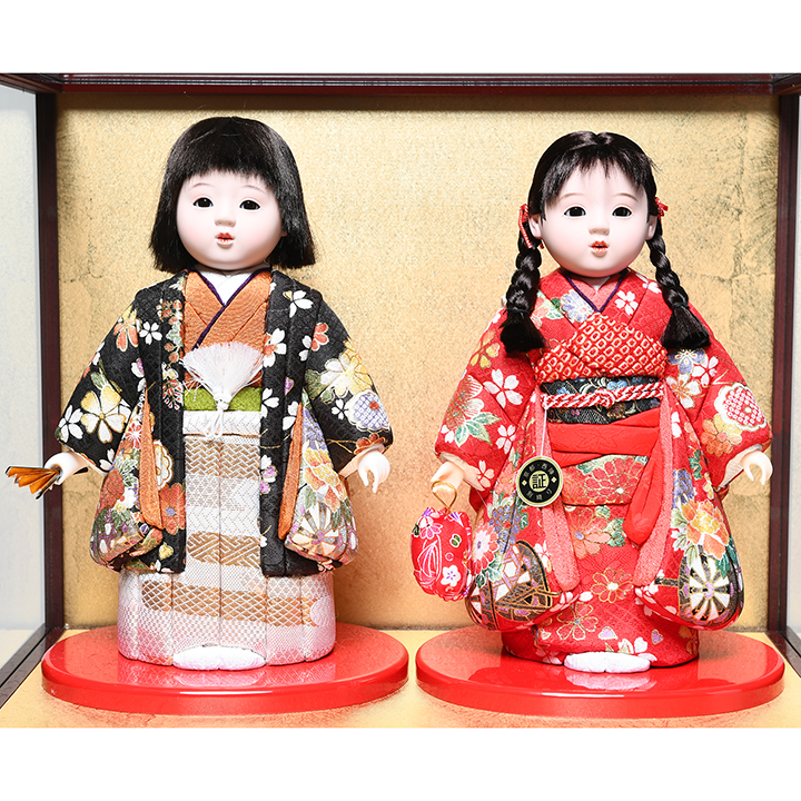 7号京友禅夫婦木目込市松人形：マホガニー木製ケース：芳俊作｜人形の伏見屋